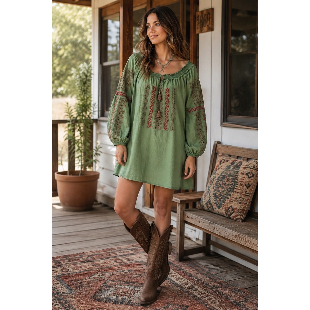 Tasha Polizzi Collection Green Embroidered Peasant Mini Dress Small Cotton Boho
